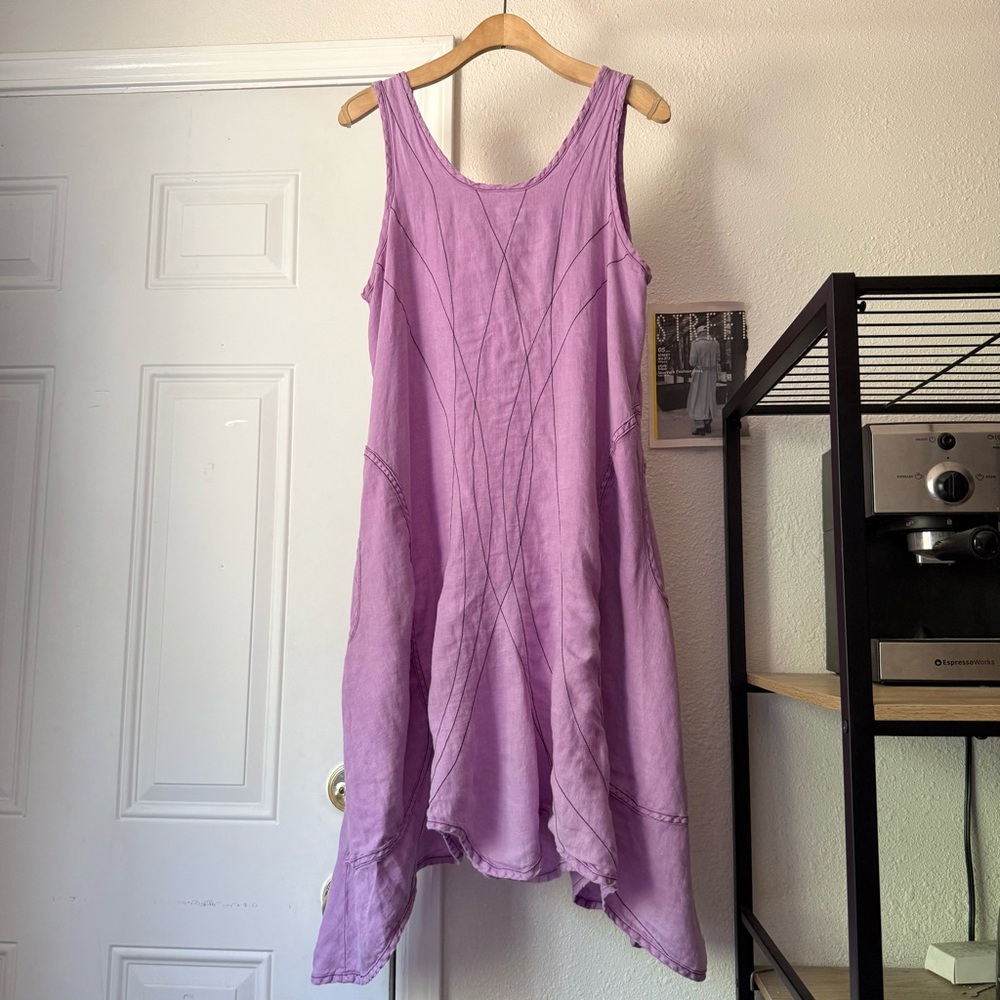 CYNTHIA ASHBY lavender purple linen contrast stitch lagenlook sharkbite hem mini